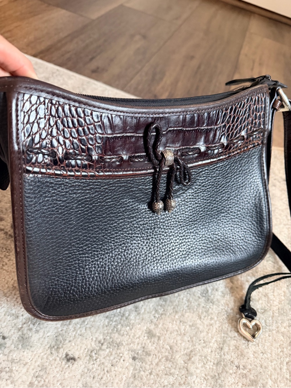 Brighton Black and Dark Brown Croc-Trim Leather Crossbody